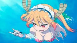Rule 34 | 10s, 2girls, animated, animated gif, bikini, blonde hair, bouncing breasts, bra, breasts, cleavage, dragon girl, fang, female focus, flat chest, horns, kanna kamui, kobayashi-san chi no maidragon, large breasts, maid, multiple girls, red eyes, smile, swimming, swimsuit, tail, tohru (maidragon), twintails, underwater, underwear, water