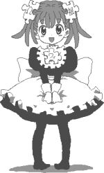 Rule 34 | 1girl, aliasing, apron, black dress, black leggings, dress, greek text, grey hair, greyscale, hair ornament, jaggy lines, kasuga (kasuga39), leggings, lowres, monochrome, no shoes, personification, pixel art, puffy sleeves, puzzle piece, puzzle piece hair ornament, ribbon-trimmed apron, ribbon trim, short twintails, solo, transparent background, twintails, waist apron, wikipe-tan, wikipedia