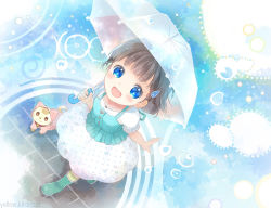 Rule 34 | 1girl, :d, blue eyes, blush, boots, brown hair, cat, dress, hair ornament, hairclip, hood, hoodie, looking up, open mouth, original, polka dot, rubber boots, short hair, smile, solo, takeda mika, transparent umbrella, umbrella, water drop