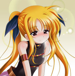 Rule 34 | 1girl, armlet, bare shoulders, black leotard, black ribbon, blonde hair, blush, breasts, brown eyes, closed mouth, commentary request, fate testarossa, fate testarossa (movie 1st form), hair ribbon, leotard, long hair, looking at viewer, lyrical nanoha, magical girl, mahou shoujo lyrical nanoha, narurun (final123), parted bangs, pink skirt, ribbon, sidelocks, skirt, sleeveless, small breasts, smile, solo, twintails, upper body, yellow background