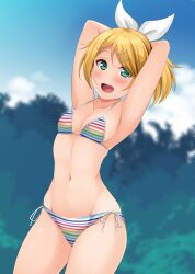 Rule 34 | 1girl, :d, armpits, arms behind head, arms up, bikini, blonde hair, blurry, blurry background, blush, breasts, cleavage, collarbone, commentary, cowboy shot, day, green eyes, groin, hino minato (spec.c), kagamine rin, linea alba, looking at viewer, multicolored bikini, multicolored clothes, multicolored stripes, navel, open mouth, outdoors, project diva (series), rainbow bikini, short hair, short ponytail, side-tie bikini bottom, single bang, small breasts, smile, solo, striped bikini, striped clothes, summer idol (vocaloid), swimsuit, teeth, tongue, tree, upper teeth only, vocaloid