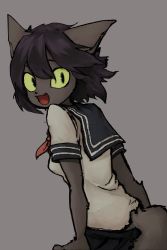 Rule 34 | 1girl, :d, animal ears, black eyes, black hair, cat ears, cat tail, colored sclera, fang, female focus, from side, furry, furry female, grey background, han l21, highres, leaning forward, looking at viewer, open mouth, original, red neckwear, school uniform, simple background, skirt, smile, solo, tail, turning head, yellow sclera
