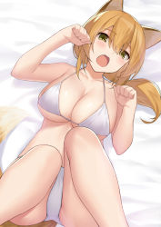 Rule 34 | 1girl, animal ears, ass, bad id, bad pixiv id, bare legs, bare shoulders, bed sheet, bikini, blonde hair, breasts, cccpo, cleavage, collarbone, commentary request, fang, fox ears, fox girl, fox tail, green eyes, halterneck, halterneck, hands up, highres, knees up, large breasts, long hair, looking at viewer, low ponytail, lying, on back, open mouth, original, paw pose, solo, string bikini, swimsuit, tail, white bikini