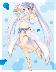 Rule 34 | 1girl, :d, bikini, blue flower, bracelet, breasts, cape, cleavage, collarbone, crazy straw, cup, drinking straw, feet, floating hair, flower, full body, groin, hair ornament, heart straw, highres, holding, holding cup, jewelry, long hair, myuu (only sense online), navel, non-web source, novel illustration, official art, only sense online, open mouth, purple eyes, silver hair, small breasts, smile, solo, standing, star (symbol), star hair ornament, striped, striped background, swimsuit, toes, very long hair, waist cape, white bikini, white cape, yukichin