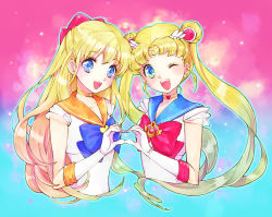 Rule 34 | 1990s (style), 2girls, :d, ;d, aino minako, aqua background, bad id, bad pixiv id, bishoujo senshi sailor moon, blonde hair, blue eyes, blue sailor collar, bow, brooch, choker, double bun, earrings, elbow gloves, gloves, gradient background, hair bow, hair bun, hair ornament, hairpin, half updo, happy, head tilt, heart, heart brooch, heart choker, heart hands, heart hands duo, heart necklace, jewelry, long hair, looking at viewer, magical girl, multiple girls, neck, necklace, one eye closed, open mouth, orange choker, orange sailor collar, parted bangs, pink background, red bow, retro artstyle, ribbon, round teeth, sailor collar, sailor moon, sailor venus, sami (3a3i3a3i), see-through, see-through sleeves, smile, star (symbol), star choker, star necklace, super sailor moon, super sailor venus, teeth, tiara, tsukino usagi, twintails, upper body, upper teeth only, white gloves, wink, yellow choker