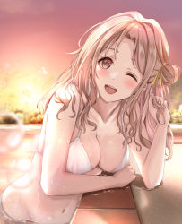 Rule 34 | 1girl, :d, bare arms, bikini, blurry, blurry background, blush, breasts, brown eyes, bubble, cleavage, collarbone, female focus, groin, hair bun, hair ribbon, highres, ichikawa hinana, idolmaster, idolmaster shiny colors, in water, light brown hair, looking at viewer, medium breasts, nail polish, navel, one eye closed, open mouth, outdoors, parted bangs, playing with hair, pool, poolside, ribbon, side bun, single side bun, smile, solo, sunset, swimsuit, teeth, upper body, upper teeth only, water, wet, wet clothes, wet swimsuit, white bikini, yellow ribbon, yuzuyu (hyui)
