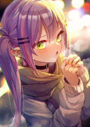 Rule 34 | 1girl, black choker, blush, choker, coat, cold, green eyes, hair ornament, hairclip, highres, hololive, long hair, long sleeves, looking at viewer, mr.lime, multicolored nails, nail polish, pointy ears, purple hair, red nails, scarf, solo, tokoyami towa, twintails, upper body, virtual youtuber, white coat, yellow nails, yellow scarf