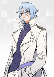Rule 34 | 1boy, alternate costume, blue eyes, blue hair, bubble tea, coat, commentary, genshin impact, hair between eyes, hand in pocket, kamisato ayato, long sleeves, looking at viewer, male focus, mole, mole under eye, mole under mouth, onegingek, pants, signature, simple background, solo, symbol-only commentary, turtleneck, white coat, white pants