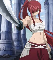 Rule 34 | 1girl, breasts, erza scarlet, fairy tail, holding, holding weapon, large breasts, medium breasts, ponytail, red hair, solo, sword, weapon
