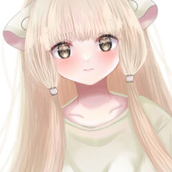 Rule 34 | 1girl, blonde hair, blush, chii, chobits, closed mouth, collarbone, hachiware jimusho, highres, long hair, robot ears, simple background, smile, solo, straight hair, upper body, white background, yellow eyes