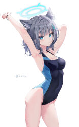 Rule 34 | 1girl, animal ears, armpits, arms up, bare shoulders, blue archive, blue eyes, breasts, cleavage, competition swimsuit, covered navel, cowboy shot, cross hair ornament, hair ornament, hairclip, halo, highres, looking at viewer, medium breasts, mismatched pupils, mouth hold, multicolored clothes, multicolored swimsuit, one-piece swimsuit, rity, shiroko (blue archive), shiroko (swimsuit) (blue archive), simple background, solo, swimsuit, thighs, twitter username, white background
