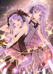 Rule 34 | 2girls, :d, :p, arm up, bell (oppore coppore), black dress, black footwear, black legwear, black wings, chain, closed mouth, commentary request, dress, euryale (fate), euryale (twin star divas) (fate), fate/hollow ataraxia, fate (series), feathered wings, frills, glint, glowing, grey dress, grey footwear, grey legwear, head wings, headphones, highres, holding, long hair, matching outfits, microphone stand, multiple girls, open mouth, parted bangs, purple eyes, purple hair, shoes, siblings, sisters, smile, standing, standing on one leg, stheno (fate), stheno (twin star divas) (fate), thighhighs, tongue, tongue out, twintails, very long hair, white wings, wings