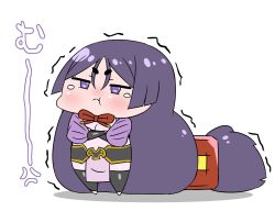 Rule 34 | 1girl, :&lt;, absurdly long hair, anger vein, chibi, crossed arms, fate/grand order, fate (series), frown, highres, long hair, low-tied long hair, minamoto no raikou (fate), parted bangs, purple eyes, purple hair, rei (rei rr), solo, tears, translation request, trembling, very long hair