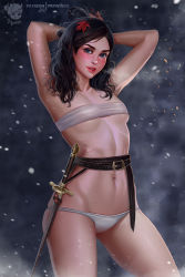 Rule 34 | 1girl, a song of ice and fire, armpits, arms behind back, artist name, arya stark, bandeau, belt, black eyes, black hair, blush, breasts, cowboy shot, game of thrones, groin, highres, looking at viewer, mole, mole on stomach, mole on thigh, navel, panties, patreon username, prywinko, small breasts, smile, snow, solo, sword, thighs, underwear, weapon, white bandeau, white panties