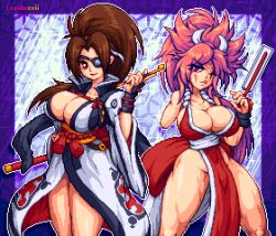 Rule 34 | 2girls, baiken, breasts, brown hair, cleavage, clothes swap, crossover, eyepatch, facepaint, fatal fury, guilty gear, hand fan, highres, j raido, japanese clothes, kimono, large breasts, multiple girls, pink hair, ponytail, scar, shiranui mai, smoking pipe, sword, the king of fighters, weapon