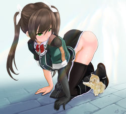 Rule 34 | 10s, 1girl, all fours, animal, arched back, arm support, ass, black footwear, black gloves, blush, boots, bow, bowtie, brown hair, buttons, cat, gloves, green eyes, green shirt, groin, hair ribbon, kantai collection, knee boots, loincloth, long hair, looking down, looking to the side, no panties, pointy ears, poking, red bow, red bowtie, ribbon, shirt, short sleeves, shoulder pads, single glove, size difference, solo, stone floor, thighs, tone (kancolle), tone kai ni (kancolle), white ribbon, yamasan (hachiman)