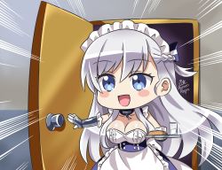 Rule 34 | 1girl, :d, apron, artist name, azur lane, belfast (azur lane), blue eyes, blush, braid, breasts, broken, broken chain, chain, chibi, cinderella girls gekijou, cleavage, collar, commentary request, cup, food, french braid, frilled apron, frilled gloves, frills, gloves, hair between eyes, holding, holding tray, idolmaster cinderella girls, large breasts, long hair, maid, maid apron, maid headdress, maroonabyss, open door, open mouth, opening door, parody, sidelocks, signature, silver hair, smile, spanish commentary, tray, white apron, white gloves
