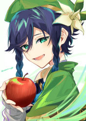 Rule 34 | 1boy, androgynous, apple, beret, black hair, blue hair, bow, braid, collared cape, commentary request, corset, flower, food, frilled sleeves, frills, fruit, genshin impact, gradient hair, green eyes, green hat, hair flower, hair ornament, hat, highres, holding, holding food, holding fruit, leaf, long sleeves, looking at viewer, male focus, multicolored hair, open mouth, short hair with long locks, simple background, smile, solo, totomagg, twin braids, venti (genshin impact), white background, white flower