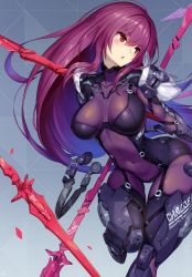 Rule 34 | 1girl, absurdres, adapted costume, armor, blush, bodysuit, boots, breasts, covered navel, fate/grand order, fate (series), gae bolg (fate), gauntlets, highres, holding, huge filesize, lance, large breasts, long hair, looking to the side, armored boots, nidy, parted lips, polearm, purple bodysuit, purple hair, red eyes, scan, scathach (fate), simple background, solo, standing, thigh gap, thighhighs, very long hair, weapon