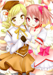 Rule 34 | 10s, 2girls, beret, blonde hair, choker, cookie, corset, drill hair, fingerless gloves, food, gloves, hair ornament, hand on another&#039;s chest, hat, holding hands, kaname madoka, macaron, magical girl, mahou shoujo madoka magica, mahou shoujo madoka magica (anime), multiple girls, pink eyes, pink hair, shiratama, shiratama yomogi, short hair, smile, thighhighs, tomoe mami, twin drills, twintails, white gloves, yellow eyes, yuri