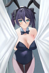 Rule 34 | 1girl, alternate costume, animal ears, aqua eyes, bare shoulders, black bow, black bowtie, black leotard, black ribbon, blush, bow, bowtie, breasts, brown pantyhose, closed mouth, cowboy shot, curtain grab, curtains, detached collar, fake animal ears, genshin impact, hair between eyes, hair ribbon, highres, large breasts, leotard, long hair, looking at viewer, mona (genshin impact), pantyhose, playboy bunny, rabbit ears, ribbon, sidelocks, smile, solo, strapless, strapless leotard, thighs, twintails, yami (rear4742)