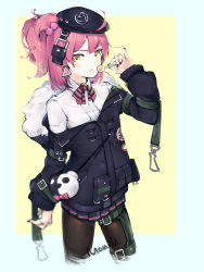 Rule 34 | 1girl, :o, ahoge, arm strap, bag, beret, black hat, black jacket, black nails, black skirt, blush, bow, bowtie, brown footwear, candy, cowboy shot, cropped legs, earrings, emblem, food, fur trim, girls&#039; frontline, hair bobbles, hair ornament, hat, highres, holding, holding food, hood, hood down, hooded jacket, jacket, jewelry, legs apart, lollipop, long hair, long sleeves, looking at viewer, mania (fd6060 60), miniskirt, mp7 (girls&#039; frontline), nail polish, off shoulder, one side up, open clothes, open jacket, open mouth, pantyhose, pinky out, pleated skirt, pocket, ponytail, shirt, short hair, signature, skirt, solo, standing, striped bow, striped bowtie, striped clothes, striped neckwear, two-tone background, v-shaped eyebrows, white shirt