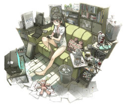 Rule 34 | 1girl, alarm clock, bag, barefoot, black hair, blood, blue eyes, book, bookshelf, cactus, clock, coffee, coffee mug, coffeepot, container, controller, couch, crt, cup, dualshock, female focus, fork, game console, game controller, gamepad, glasses, glowing, green theme, green upholstery, handheld game console, imoman, indoors, inkwell, interior, long hair, mug, muted color, no pants, original, paint, paintbrush, panties, paper, pixiv, playstation 2, playstation controller, playstation portable, power strip, red-framed eyewear, room, roomscape, scissors, sitting, solo, sony, speaker, spoon, striped clothes, striped panties, stuffed animal, stuffed toy, table, tablet, teacup, teapot, teddy bear, television, trash, trash can, tray, underwear, untied, unworn clothes