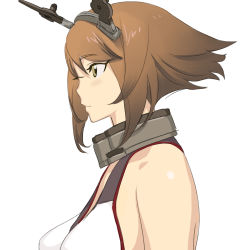 Rule 34 | 10s, 1girl, bare shoulders, brown hair, green eyes, headgear, highres, kantai collection, meranie, mutsu (kancolle), profile, short hair, simple background, solo, upper body, white background