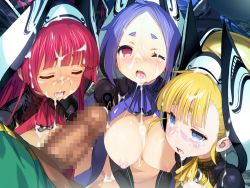 Rule 34 | 1boy, 3girls, artist request, blonde hair, blue eyes, blue hair, blush, breasts, censored, character request, cum, cum in mouth, cum on body, cum on breasts, cum on hair, cum on upper body, cum string, cumdrip, facial, game cg, harem, hikimayu, large breasts, long hair, mosaic censoring, multiple girls, nipples, oral, penis, pink eyes, rance (series), red hair, tears