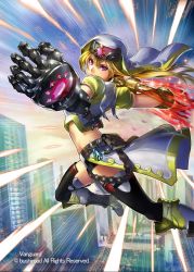 Rule 34 | 1girl, back, battle sister glace, blonde hair, boots, building, cardfight!! vanguard, claw (weapon), company name, copyright name, long hair, midriff, momose hisashi, nun, official art, purple eyes, sky, solo, thighhighs, veil, weapon