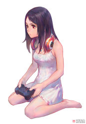 Rule 34 | 1girl, bare shoulders, barefoot, black hair, controller, dress, game controller, headphones, headphones around neck, jewelry, krenz, long hair, necklace, red eyes, simple background, sitting, skirt, solo, wariza, white background, white dress, white skirt