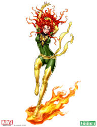 Rule 34 | 10s, 1girl, arms up, belt, bird, blush, bodysuit, boots, breasts, costume, elbow gloves, female focus, fire, flying, full body, gloves, green eyes, highres, jean grey, latex, lipstick, long hair, makeup, marvel, phoenix, phoenix (x-men), red hair, shiny clothes, simple background, skin tight, smile, solo, thigh boots, thighhighs, watermark, wavy hair, white background, x-men, yamashita shun&#039;ya, yellow thighhighs