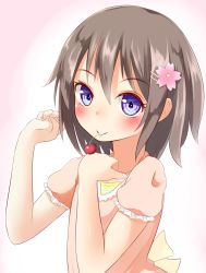 Rule 34 | 1girl, bad id, bad pixiv id, blue eyes, brown hair, cherry, cupen, food, fruit, mouth hold, original, short hair, solo
