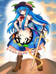 Rule 34 | 1girl, absurdres, black hair, blue skirt, boots, bow, bowtie, brown footwear, closed mouth, frilled skirt, frills, full body, highres, hinanawi tenshi, leaf, long hair, peach hat ornament, rainbow gradient, raincoat th13, red bow, red bowtie, red eyes, shirt, short sleeves, sidelocks, skirt, smile, solo, sword of hisou, touhou, white shirt