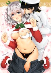 Rule 34 | 10s, 1boy, 1girl, admiral (kancolle), bad id, bad pixiv id, bell, black hair, black panties, blush, grabbing another&#039;s breast, breasts, clothes lift, gloves, grabbing, grey eyes, hair bell, hair ornament, hat, hetero, kantai collection, kashima (kancolle), kneeling, lace, lace-trimmed panties, lace trim, large breasts, long hair, military, military uniform, minari (minari37), naval uniform, navel, nipples, no bra, open clothes, open mouth, open skirt, panties, saliva, shirt lift, silver hair, skirt, smile, string panties, tsurime, twintails, underwear, uniform, wavy hair, white gloves