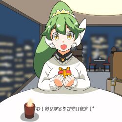 Rule 34 | 1girl, :d, absurdres, bag, black shirt, blurry, blurry background, box, breasts, candle, chair, collared shirt, depth of field, fire, fujishiro nekomata, gift, gift box, green hair, hair between eyes, handbag, high ponytail, highres, holding, holding gift, indoors, long sleeves, looking at viewer, night, night sky, on chair, open mouth, original, ponytail, robot ears, shirt, short eyebrows, sky, sleeves past wrists, small breasts, smile, solo, sweater, table, thick eyebrows, translation request, upper body, white sweater, window, yellow eyes