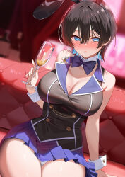 Rule 34 | 1girl, animal ears, bare arms, bare shoulders, black hair, black hairband, blue bow, blue bowtie, blue eyes, blue skirt, blush, bow, bowtie, breasts, bunny garden, cleavage, cup, detached collar, fake animal ears, hair ornament, hairband, highres, holding, holding cup, indoors, large breasts, leotard, miniskirt, miuka (bunny garden), panties, parted lips, piyopoyo, playboy bunny, pleated skirt, rabbit ears, short hair, sitting, skirt, solo, thighs, underwear, white panties, wrist cuffs
