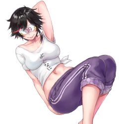 Rule 34 | 1girl, :p, arm up, black hair, blindfold, breasts, clothes writing, collarbone, commentary, covered eyes, facing viewer, indie virtual youtuber, medium breasts, midriff, minori yumeko, minori yumeko (character), multicolored hair, navel, pants, parted bangs, pocket, purple pants, shirt, short hair, short sleeves, shu-mai, simple background, smile, solo, stomach, streaked hair, t-shirt, tied shirt, tongue, tongue out, track pants, translation request, virtual youtuber, white background, white shirt