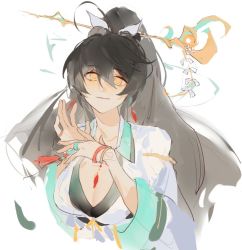 Rule 34 | 1girl, ara haan, black hair, bracelet, breasts, chinese clothes, cleavage, closed mouth, elsword, hair ornament, hair ornament request, jewelry, linbai22, long hair, looking at viewer, ponytail, ring, sketch, smile, solo, surya (elsword), very long hair, white background