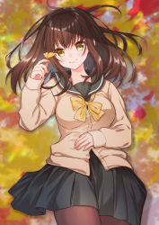 Rule 34 | 1girl, akariko, black skirt, bow, bowtie, breasts, brown cardigan, brown hair, brown pantyhose, buttons, cardigan, closed mouth, commentary request, fingernails, from above, hair between eyes, hand on own stomach, head tilt, highres, holding, holding leaf, leaf, long hair, long sleeves, looking at viewer, lying, medium breasts, on back, original, pantyhose, pleated skirt, school uniform, serafuku, shade, sidelocks, skirt, smile, solo, yellow bow, yellow bowtie, yellow eyes