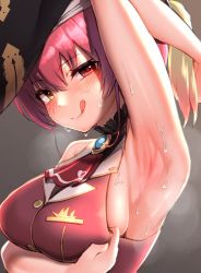 Rule 34 | 1girl, armpits, blush, hat, heterochromia, highres, hololive, houshou marine, looking at viewer, pirate costume, pirate hat, red hair, red neckwear, red shirt, shirt, smile, sweat, upper body, virtual youtuber