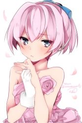 Rule 34 | 10s, 1girl, alternate costume, blue eyes, blush, bow, dress, gloves, hair bow, jewelry, kantai collection, looking at viewer, personification, petals, pink dress, pink hair, ring, shiranui (kancolle), short hair, short ponytail, signature, single glove, solo, wedding band, white gloves, zinpati