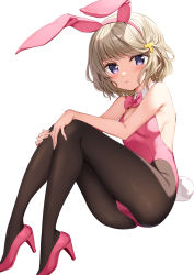 Rule 34 | 1girl, :t, animal ears, ass, bare arms, bare shoulders, black pantyhose, bow, bowtie, breasts, brown hair, detached collar, fake animal ears, hair ornament, hairband, high heels, highleg, highleg leotard, highres, knees up, koga tomoe, leotard, looking at viewer, oryo (oryo04), pantyhose, pink footwear, pink leotard, playboy bunny, pout, purple eyes, rabbit ears, seishun buta yarou, short hair, simple background, small breasts, solo, strapless, strapless leotard, white background