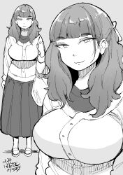 Rule 34 | 1girl, absurdres, bag, blunt bangs, breasts, dated, grey background, greyscale, hadashi no kenji, highres, large breasts, long hair, long skirt, long sleeves, looking at viewer, monochrome, multiple views, original, shopping bag, skirt, solo