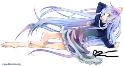 Rule 34 | 1girl, barefoot, blue hair, dress, feet, from above, from behind, kurafuji sachi, long hair, looking back, looking up, lying, on stomach, original, solo, toes, very long hair