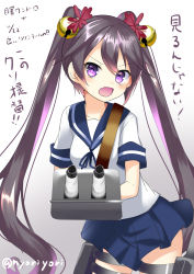 Rule 34 | 10s, 1girl, akebono (kancolle), alternate costume, alternate hairstyle, bad id, bad pixiv id, bell, fang, flower, hair bell, hair flower, hair ornament, jingle bell, kantai collection, leaning forward, long hair, looking at viewer, machinery, nyori, open mouth, pleated skirt, purple eyes, purple hair, school uniform, serafuku, sketch, skirt, solo, translation request, turret, twintails, very long hair
