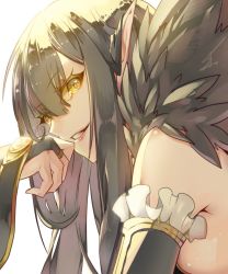 Rule 34 | bare shoulders, black dress, black hair, bridal gauntlets, close-up, detached sleeves, dress, eyelashes, fate/apocrypha, fate/grand order, fate (series), feather trim, feathers, from side, fur trim, hand to own mouth, long dress, looking to the side, pointy ears, saihate (d3), semiramis (fate), smile, smirk, solo, turning head, yellow eyes