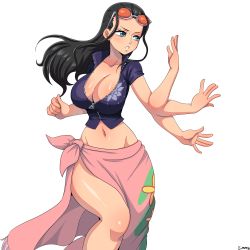 Rule 34 | 1girl, absurdres, black hair, blue eyes, breasts, cleavage, collared jacket, cowboy shot, crop top, hair slicked back, hana hana no mi, high collar, highres, jacket, large breasts, long hair, midriff, multiple arms, navel, nico robin, one piece, parted lips, short sleeves, simmsy, simple background, solo, stomach, sunglasses on head, white background