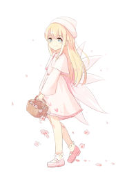 Rule 34 | 1girl, aaaabo, basket, blonde hair, blue eyes, capelet, carrying, dress, fairy wings, flower, full body, hat, highres, lily (flower), lily white, long sleeves, looking at viewer, pink dress, pink footwear, shoes, simple background, smile, solo, touhou, walking, white background, white hat, wings