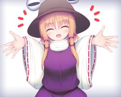 Rule 34 | 1girl, ^ ^, blonde hair, brown headwear, closed eyes, darumoon, highres, long sleeves, moriya suwako, open mouth, outstretched arms, purple skirt, purple vest, red ribbon, ribbon, ribbon-trimmed sleeves, ribbon trim, shirt, short hair with long locks, simple background, skirt, solo, spread arms, touhou, turtleneck, upper body, vest, white background, white shirt, wide sleeves